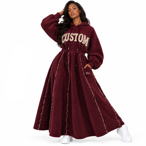 Street Fashion Maroon <b>Sherpa</b> Women's <b>Hoodies</b> Dress OEM Custom Distressed Applique Drawstring Waist Flared Tracksuit Heavy Fleece - Product Image 3
