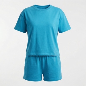 Ensemble de shorts en coton uni pour femmes, 2 pièces, t-shirt à manches courtes col rond, shorts au-dessus du genou, vêtements décontractés, haute qualité, personnalisable - Product Image 1
