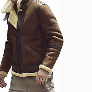 Blouson bomber en cuir véritable marron pour homme, doublé en sherpa, fermeture éclair, vêtement d'extérieur d'hiver, décontracté - Product Image 3