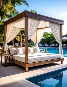 Lit de repos de luxe en teck pour extérieur avec auvent – Lit de repos extérieur avec rideaux pour villas, complexes hôteliers et hôtels - Product Image 1