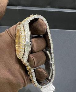 Montre mécanique ETA en acier inoxydable, entièrement sertie de moissanite jaune or, look élégant, résistante à l'eau 3 bars, vente en gros - Product Image 3