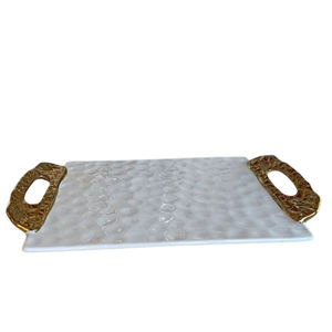 Plateau décoratif rectangulaire en aluminium marbré avec poignée latérale, design en forme de papillon plaqué or - Product Image 6