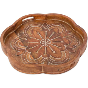 Bandeja de servir vintage de madera de teca tallada a mano, estilo marroquí, con incrustaciones de latón, rectangular, decorativa, con asas, para el hogar. - Product Image 2