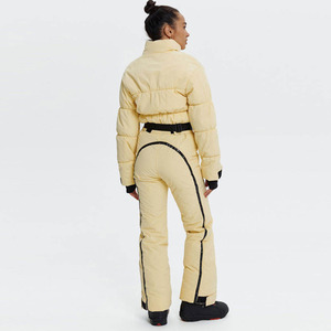 Custom <b>Women</b> Cream Beige One Piece Ski Suit Puffed Chest Quilted Black Belt Waist <b>Snowsuit</b> <b>Women</b> Slim Fit Jumpsuit Waterproof - Product Image 2