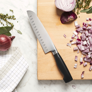 Black Handle Santoku <b>Knives</b> with Silver Broad Blade Oval Indentations and Silver Bolster for Fruit <b>Slicing</b> Vegetable Chopping - Product Image 3