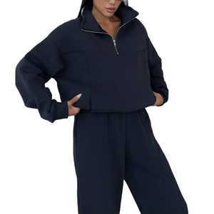 Ensemble de survêtement décontracté pour femme avec sweat à capuche demi-zippé et pantalon de jogging, couleur unie, manches longues, coupe oversize, longueur cheville - Product Image 3