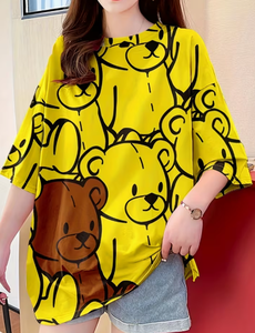 Plus Size Women's <b>Patchwork</b> Anti-Wrinkle O-Neck Pullover Short Sleeve 100% Cotton Casual Summer Knit Tee 380g Digital Printed - Product Image 5