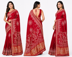 CHOHAN TEXTILE <b>Red</b> Moonga Silk <b>Saree</b>-Vintage Style Floor-Length Bridal Party Wear Hand Embroidery Zari Border Wrinkle-Free - Product Image 3