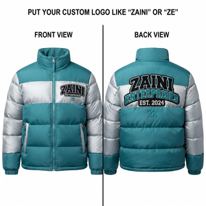 Premium Polyester <b>Puffer</b> <b>Jacket</b> 300 GSM Teal White Quilted Color Block Panels Stand <b>Waterproof</b> Windproof <b>Hooded</b> Winter <b>Jacket</b> - Product Image 1