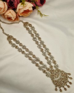 Traditional Flower Motif Dual Layer Long Necklace Earrings And Mangtika <b>Set</b> <b>For</b> Women Designer Fashion <b>Jewellery</b> <b>Set</b> Collections - Product Image 5