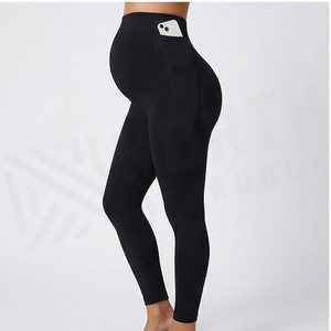 High Waist Full Length Yoga <b>Leggings</b> <b>With</b> <b>Pockets</b> Solid Black Seamless Four-Way Stretch Spandex Polyester Women's Sportswear - Product Image 3