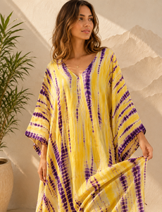 Vestido Maxi Amarillo y Morado con Estampado Tie-Dye, 100% Algodón, Cuello en V, Estilo Bohemio, Largo hasta el Suelo, para Mujer, Ideal para Fiestas, Corte Moderno - Product Image 5