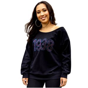Sudadera Gráfica Negra para Mujer 1938, con Hombros Descubiertos, Manga Larga, Estilo Casual, Suave y Cómoda, Moda Urbana para el Día a Día - Product Image 1