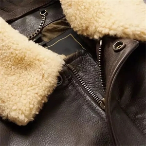 <b>Men's</b> Genuine Leather Bomber <b>Jacket</b> <b>Shearling</b> Collar Aviator Pilot Winter Coat Windproof Moto Biker Style - Product Image 4