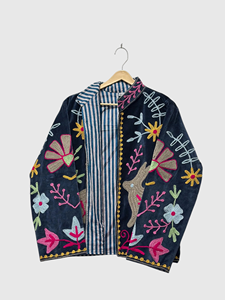 Floral Embroidered <b>Velvet</b> Jacket Mandarin Collar Full Sleeve Prairie Chic Style Plus Size Women's Autumn Wear - Product Image 4