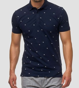 เสื้อโปโลแขนสั้นสีน้ำเงินกรมท่าสำหรับผู้ชาย พิมพ์ลายนกสีขาว ผ้าฝ้ายปิเก้ ลำลอง ระบายอากาศได้ดี ทอแบบถัก - Product Image 1