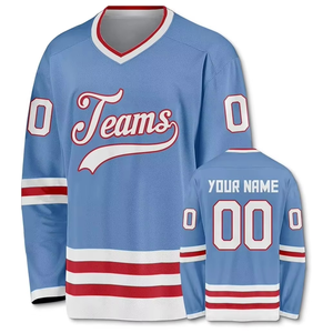 Camiseta de Hockey sobre Hielo para Hombre, Azul, Marrón y Blanco, con Logotipo de Equipos Sublimado, Cuello en V, Manga Tres Cuartos, Poliéster que Absorbe la Humedad - Product Image 5