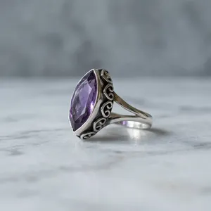 925 Sterling Silver Amethyst Ring Marquise Cut Bezel Setting Vintage Gemstone Jewelry Unisex Everyday Wear - Product Image 4