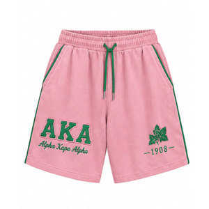 Alpha Kapa Alpha <b>Pink</b> Cotton <b>Shorts</b> Green Trim Embroidered Logo Front Drawstring Casual Mid Waist <b>Men's</b> Bermuda <b>Shorts</b> - Product Image 2