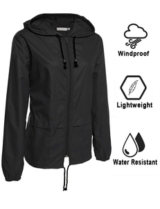 Veste de randonnée imperméable à capuche noire pour femme, manches longues, fermeture éclair, cordon de serrage, coupe régulière, vêtements d'extérieur pour le printemps - Product Image 2