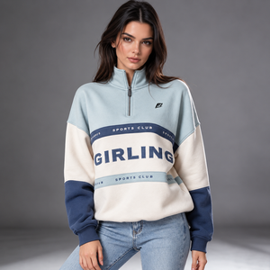 Women Quarter Zip Pullover Sweatshirt Color Block Sports <b>Top</b> High Collar <b>Long</b> <b>Sleeve</b> Casual Streetwear Sweatshirt - Product Image 1