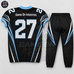 Custom American Football Uniform Set Black Blue Tackle Jersey & Padded Pants Sublimated Team Wear Game On Industries - Product Image 4