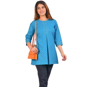Cotton Floral Printed Anarkali <b>Kurta</b> and Short Kurti Set Teal Color <b>Women's</b> Summer Flared Casual Wear - Product Image 1