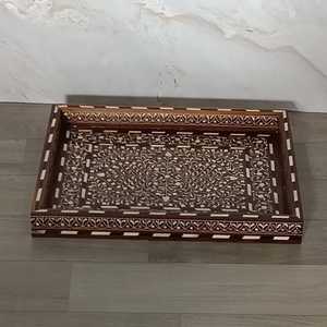 Premium Artisan Bone Inlay Round Vanity Organizer <b>Tray</b> with Intricate Geometric Inlay Pattern for Jewelry, <b>Perfume</b>, Cosmetics - Product Image 1