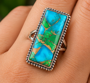 Anillo de Plata con Dalia y Turquesa, Anillo Rectangular con Piedras Preciosas Coloridas, Anillo de Estilo Bohemio Vintage para Mujer, Regalos - Product Image 2