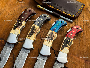 Damascus Steel Folding Knife Set With Elk Horn Handle Serrated Drop Point Hunting Knife EDC Pocket Knife 4-Pack - Product Image 6