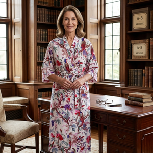 Kimono de algodón premium con estampado floral de pájaros, cuello en V, largo, con cinturón, para estar en casa, suave y transpirable. - Product Image 2