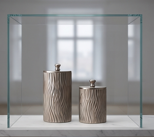 Ensemble de boîtes de rangement verticales personnalisées en métal argenté à grain de bois avec couvercle à bouton pour fruits secs et dates - Product Image 1