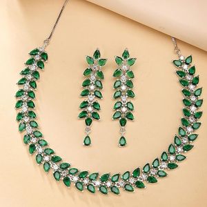 <b>Silver</b> Plated Alloy <b>Necklace</b> and Earring <b>Set</b> Green Crystal Rhinestone Plant Pattern Women's Classic Wedding Jewelry - Product Image 4