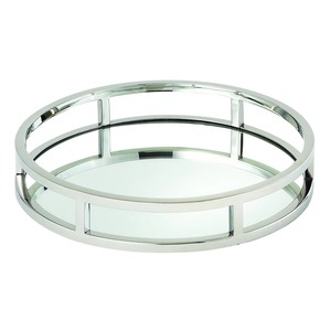 Round <b>Mirrored</b> Glass Storage <b>Tray</b> With Polished Metal Frame Modern Design Single Tier Table Use Jewelry Organizer - Product Image 1