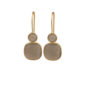 Boucles d'oreilles en calcédoine grise plaquées or, pierres précieuses rondes et en forme de coussin, pierre de naissance de juin, bijoux minimalistes - Product Image 1