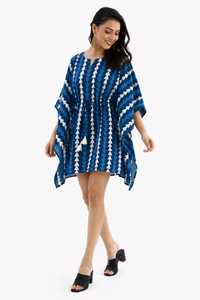 Blue Block Printed Floral Eco-Friendly Cotton <b>Kaftan</b> Dress Loose Midi Woven Boho Casual for <b>Summer</b> Spring Autumn Beach Vacation - Product Image 2