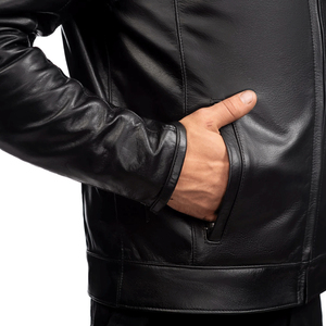Blouson en cuir noir pour homme, style motard, avec bandes rouges et épaules matelassées, fermeture éclair, vêtement d'extérieur tendance, fabricant - Product Image 4