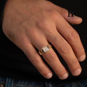 Men's Cushion Cut Lab Grown Diamond Signet <b>Ring</b> 14K Yellow <b>Gold</b> Bezel <b>Set</b> Solitaire Engagement Band - Product Image 2