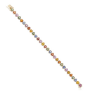 Pulsera de tenis de oro amarillo de 14k con zafiros multicolor engastados en bisel, forma de corazón, joyería fina hecha a mano, venta al por mayor - Product Image 4