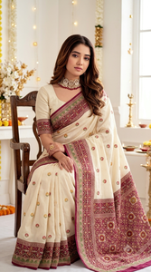 Sari de Seda Crema AARA Fashion con Borde Marrón y Estampado Floral, Protección Solar para Bodas, Ropa Tradicional para Mujer - Product Image 2