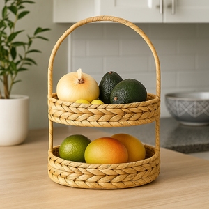 Water Hyacinth 2 Tier Woven Handmade Modern <b>Rustic</b> Vintage Storage Basket Natural Color Multifunction Home Kitchen Hotel Storage - Product Image 4