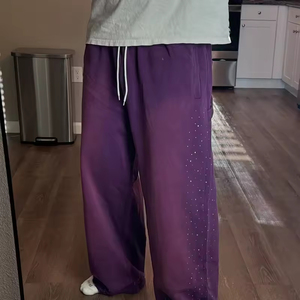 Pantalon de jogging unisexe en molleton de coton, coupe large, délavé à l'acide, style baggy évasé, avec strass, effet soleil éclairé, en toile, pour homme - Product Image 4