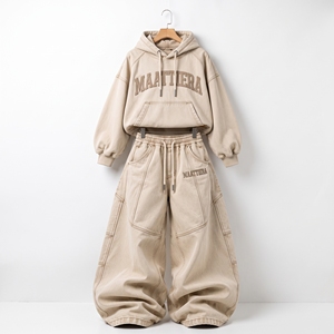 Conjunto de Sudadera con Capucha y Pantalones Anchos de Mezclilla Lavada Beige para Mujer, Estilo Urbano, Proveedor Mayorista OEM ODM Personalizado - Product Image 3