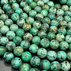 ลูกปัดหินเทอร์ควอยซ์แอฟริกันธรรมชาติทรงกลม สีเขียวฟ้าสวยงาม ประดับด้วยจุดสีดำ สำหรับทำเครื่องประดับ - Product Image 1
