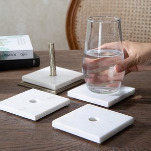 Handmade White Marble <b>Coaster</b> Set with Brass Holder Square <b>Drink</b> <b>Coasters</b> Modern Table Decor Coffee Table Accessories Set of 4 - Product Image 2