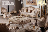 Set Sofa Kayu Jati Ukiran Tangan Gaya Modern Eropa, Finishing Metalik Emas Antik, Furnitur Ruang Tamu Tahan Lama, Dijual