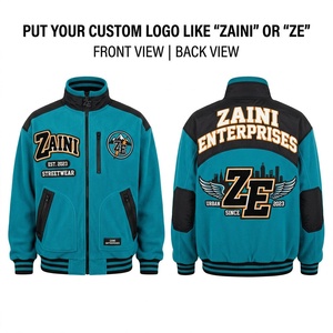 240 GSM Premium Thin Anti Pill Polar Fleece Stand Collar <b>Jacket</b> Polyester Black Teal Contrast Panels Custom Chenille Logo Design - Product Image 1