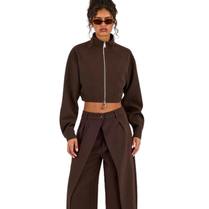 Women's <b>Cropped</b> Full Zip Tracksuit Set Stand Collar Contrast Trim Baggy <b>Jogger</b> Trousers Drawstring Waist Two Piece Casual Outfit - Product Image 3