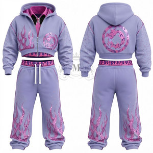 Ensemble de survêtement pour homme en coton 100% avec impression sérigraphiée flamme violette, fermeture éclair intégrale, 450 g/m², comprenant un sweat à capuche court et un pantalon de jogging, coupe décontractée et ample - Product Image 4