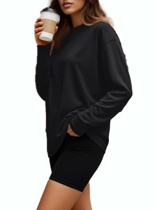 Camiseta de punto de manga larga para mujer, cuello redondo, holgada, transpirable, 100% algodón, estilo oversize - Product Image 4